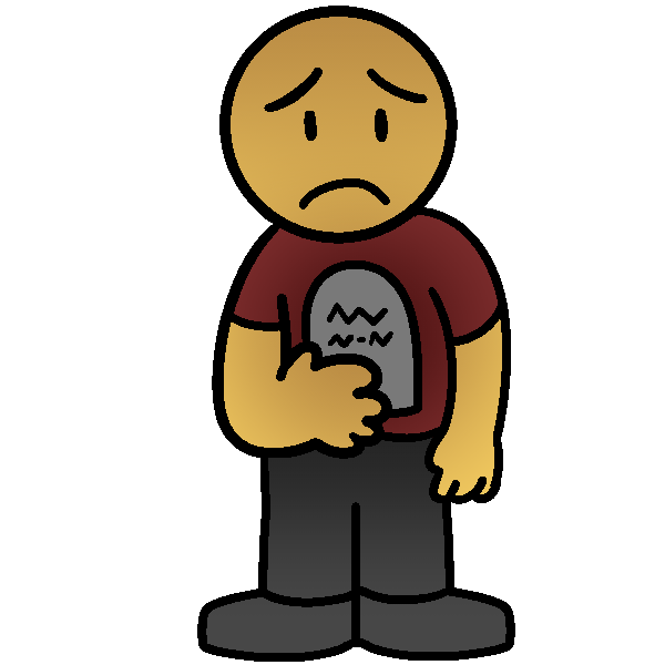 An upset yellow person with a hand on their chest and a gravestone on their shirt. The gravestone has a dark gradient coming from it. 
